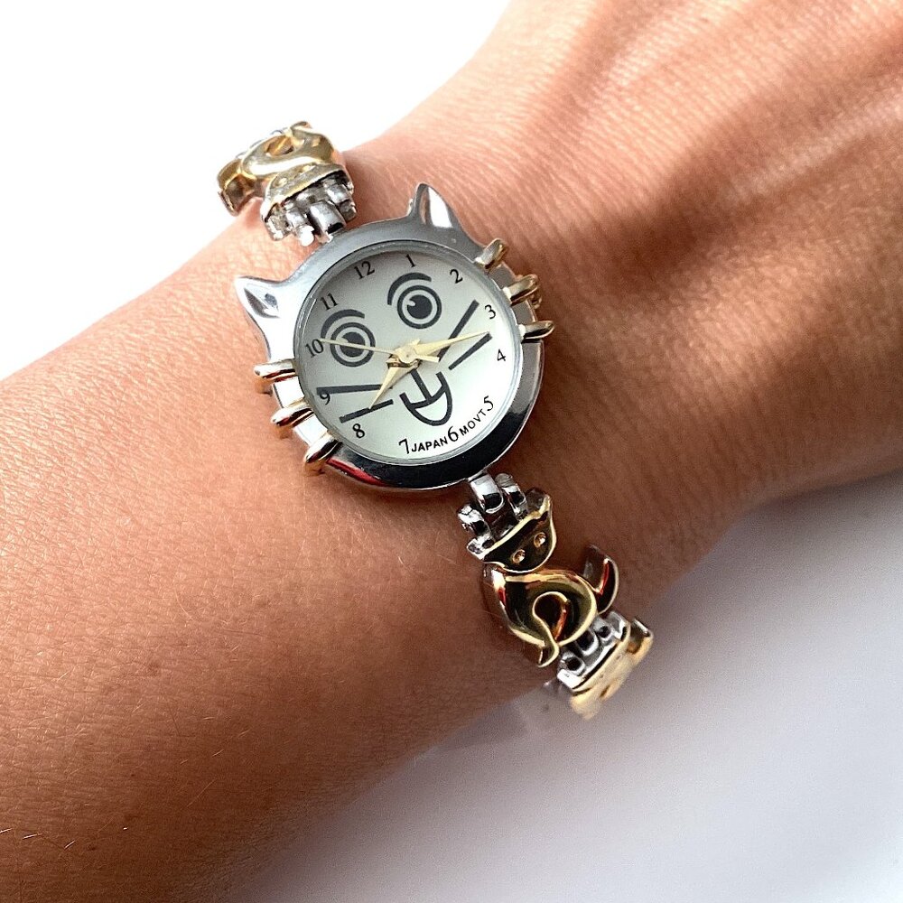 Vintage Cat Watch, Gold and Silver Colors, Kitty Lover Gifts, Unique Watches